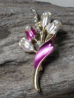 New Lily of the Valley Brooch Pink and White Enamel Rhinestones Faux Pearl